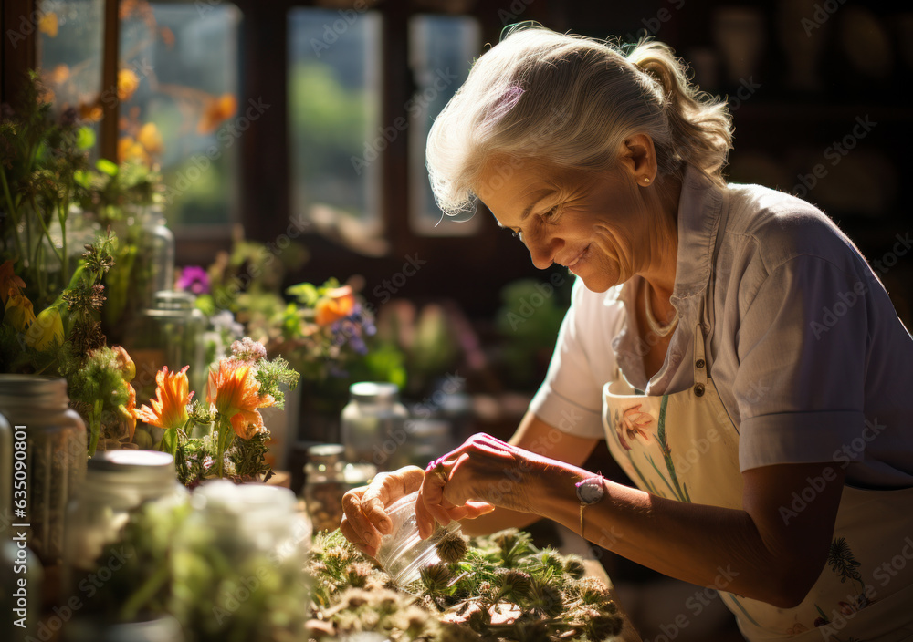 Wall mural Old women are gardening in the backyard