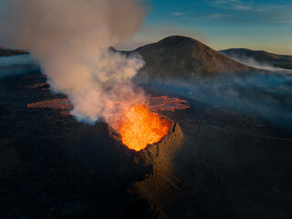 Aerial Footage of the Volcanic Eruption of Litli Hrutur in Iceland's Untamed Landscape