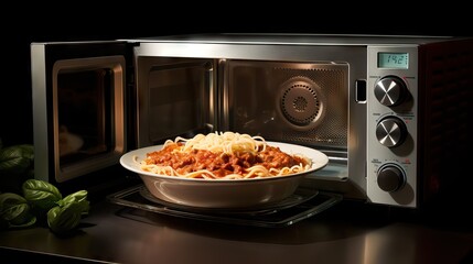 A classic microwave oven containing a savory lasagna-style cake, ready to be heated and enjoyed in a quick and convenient manner. Generative AI
