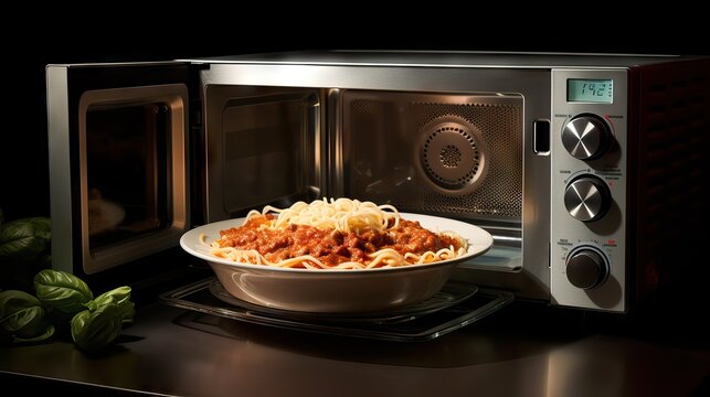 A classic microwave oven containing a savory lasagna-style cake, ready to be heated and enjoyed in a quick and convenient manner. Generative AI