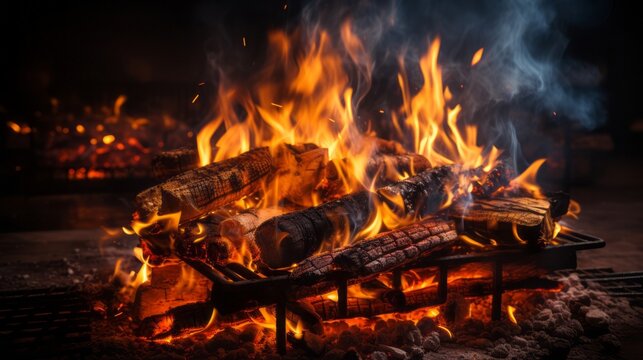 Close up of burning flames, bonfire, bbq fire, BBQ camp. BBQ grill with glowing charcoal and bright flames Generative AI.