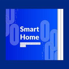 Linear white lines forming a smart home themed banner with fingerprint security and technology network motifs symbolizing technological automation concepts in an abstract digital blue background