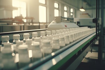 Obraz premium Vaccine production medicinal enterprise line vaccination laboratory factory bottle health care pharmacy science industry medicine scientific research virus cure assembly cure chemical biotechnology