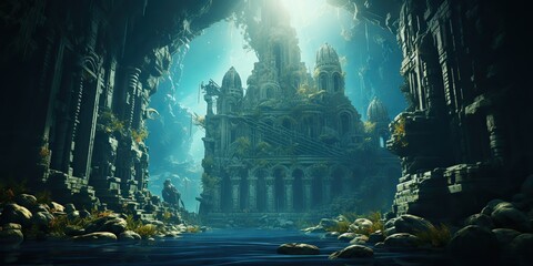 AI Generated. AI Generative. Old myth ancient under water undersea city town history. Graphic Art