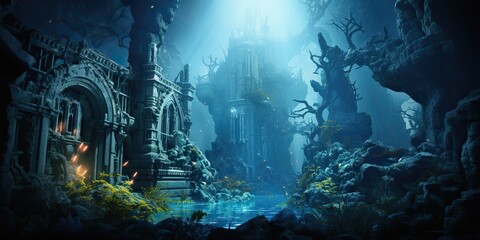 Obraz premium AI Generated. AI Generative. Old myth ancient under water undersea city town history. Graphic Art