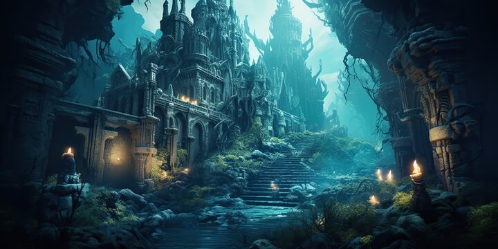 AI Generated. AI Generative. Old myth ancient under water undersea city town history. Graphic Art