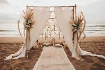 boho wedding arch decoration for a wedding ceremony celebration at the beach: many dried flowers, satin and silk curtains, natural beige color palette