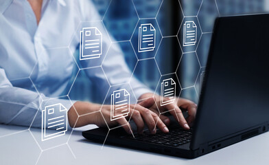  Online documentation database;  document management system concept background on virtual screen.