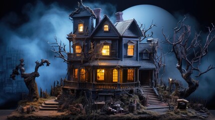 Fototapeta na wymiar Miniature haunted house diorama with spooky details. Halloween concept