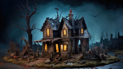 Miniature haunted house diorama with spooky details. Halloween concept