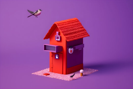 a bird flying over a small red house