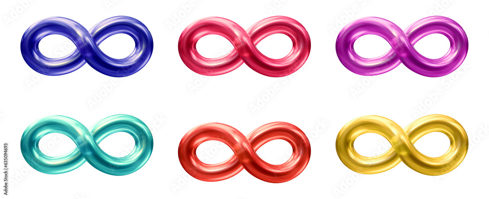 Poster set of infinity icon logo in 3d rendering isolated on transparent background for loop, endless, unli