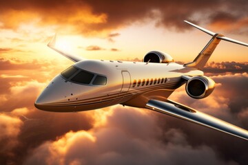 Luxury business jet plane airplane private jet during flight fast luxurious transportation success journey wealth fly flying evening sky sunset gold golden horizon sun clouds landing style stylish