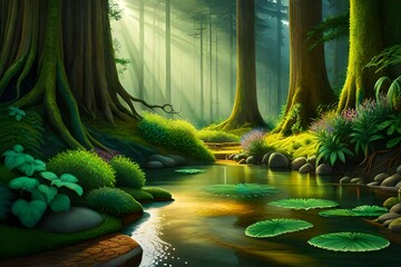 tropical island in the jungle , jungle illustration , lake in forest , jungle 