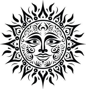 Sun face maori style african aztecs or mayan ethnic mask, tribal sun tattoo vector illustration isolated on white background	