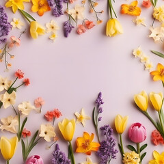 Creative layout made of colorful flowers on lila background. Minimal summer concept with copy space