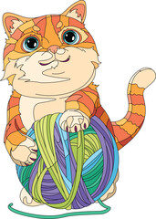 Cute Cartoon Playing With A Ball Of Thread. Cat Playing With Color Full Ball Of Thread. Ginger Cat Isolated On White Background. Cute Cat Playing. Colorful Thread.