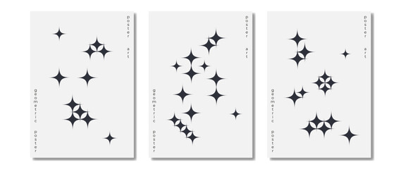 Set of geometric posters in trendy style. Black trendy design with stars, star. Aesthetic elements, posters for banners, social media, poster design, print.