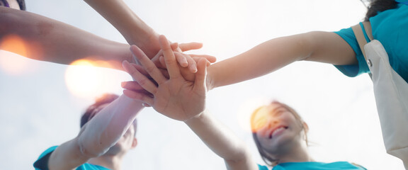 Panoramic Teamwork,empathy,partnership and Social connection in business join hand together...