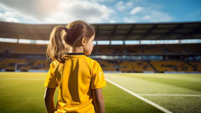 back view of little girl on pitch watching australian team at women's world cup in stadium wearing yellow and green
