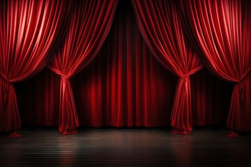 scene background, red curtain on stage of theater or cinema slightly ajar - obrazy, fototapety, plakaty