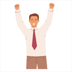 A happy office worker with hands up