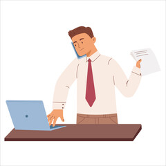 Busy office worker with documents, laptop and phone