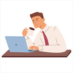 Concentrated worker sitting at table with laptop and cup of coffee