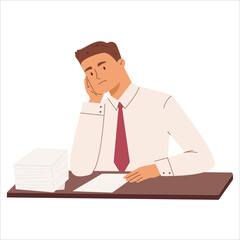 Bored and sad office worker sitting at the table with stack of paper