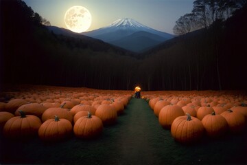 A Field Of Pumpkins With A Full Moon In The Background