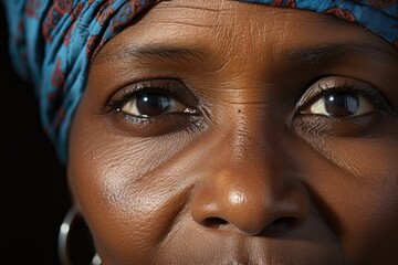 Close up portrait face of old black woman with beautiful eyes. Female looking at camera.
