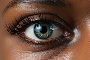 Close up image of beautiful black woman eye. Girl looking at camera.