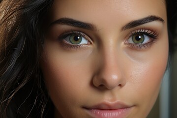 Close up portrait face of young woman with clean skin and beautiful greeen eyes. Girl looking at camera.