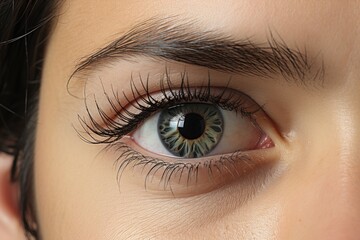Fototapeta premium Beautiful human eye and eyebrow, close up on face of young girl