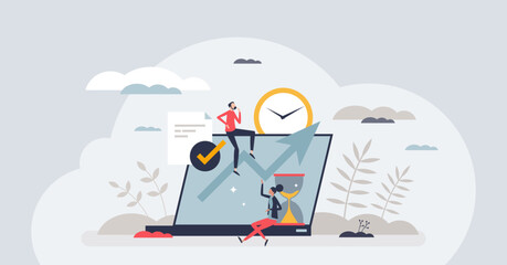 Time tracking and effective working hours management tiny person concept. Productive software app for employee work efficiency monitoring vector illustration. Business development and productivity.