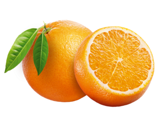 composição de laranja inteira com folha e laranja cortada isolado em fundo transparente