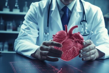 Cardiologist, surgeon in a white coat, holding a heart in his hands