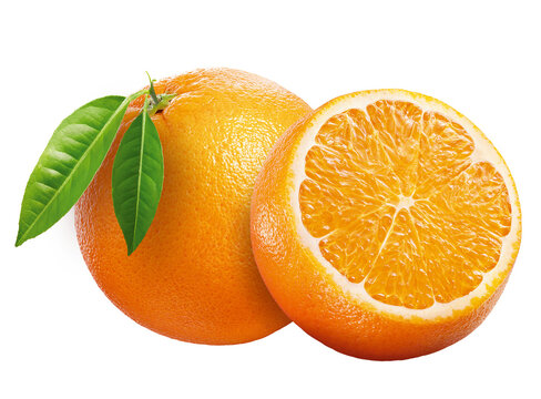 composi&ccedil;&atilde;o de laranja inteira com folha e laranja cortada isolado em fundo transparente