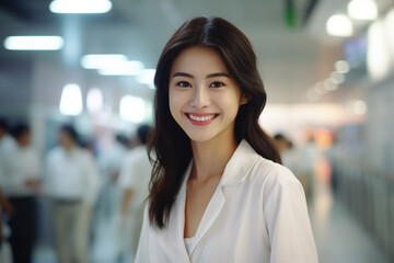 Beautiful Asian woman doctor smiling while looking at the camera with a blurred interior of the hospital. Generated with AI.