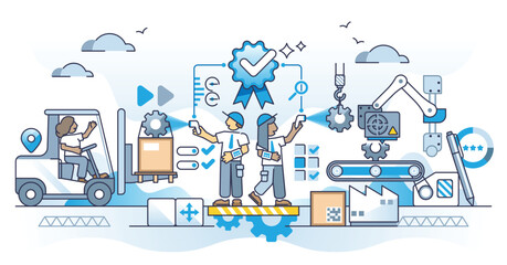 Quality assurance as service performance reliability approval outline concept. Check and control automated process for perfection and efficiency certificate vector illustration. Analysis and tests.