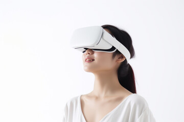 Young Asian woman wearing virtual reality VR glasses, VR headset and trying to touch something with her hand while standing isolated on a white background.