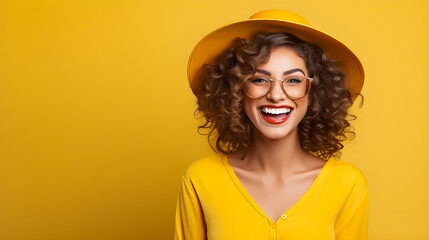 Portrait of a happy woman in a yellow outfit on a yellow background, copy space.