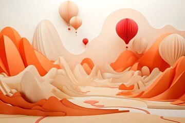 coloured landscape with balloons paper orange and pink
