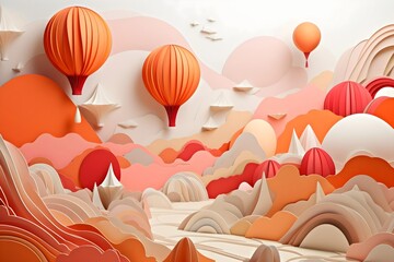 Naklejka premium coloured landscape with balloons paper orange and pink