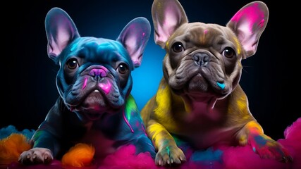 Two Cute French bulldogs with colors painting