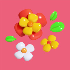 Vector flowers in plastic 3d style isolated.