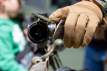 Optical sight on the weapon.Optical sight on a sniper gun. War in Ukraine.