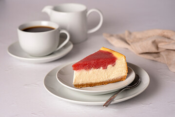 Food photography of cheesecake, cheese pie, strawberry cake, baked, tart, creamy, cream, confectionery, dessert, coffee