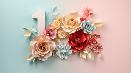 Fototapeta na wymiar Number 1 with paper flowers on pastel background