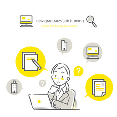 いろいろ考える就活中の女性　シンプルでお洒落な線画イラスト